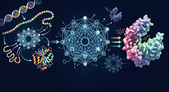 Artificial intelligence predicting 3D protein structure from amino acid sequence diagram.Conceptual illustration showing artificial intelligence neural network predicting 3D protein folding from DNA.