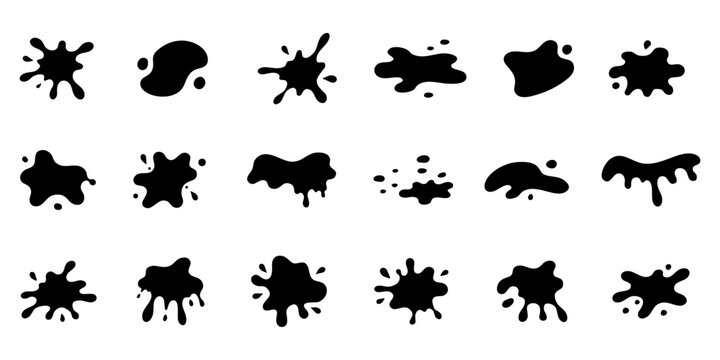 Abstract splash vector set. Black silhouette liquid spots, splatters, puddles and ink blots. Paint, water, oil, coffee, chocolate and syrup design elements isolated on white background.