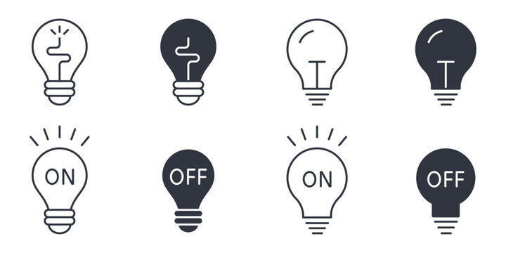 Light bulb vector icon set. Editable stroke outline and black solid symbols. On and off electric lamp icons for lighting, switch, innovation, business, education and creative ideas.