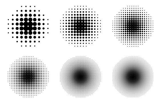 Halftone dot vector set. Round radial gradient patterns with different dot size and density. Black circular halftone shapes for comic, retro, pop art, abstract backgrounds and graphic design.