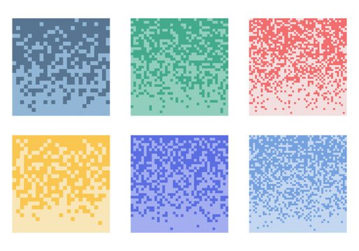 Pixel dissolve vector background set. Collection of different colorful square mosaic fade effects. Abstract digital disintegration, pixel dispersion and Y2K transition backgrounds for modern graphic d