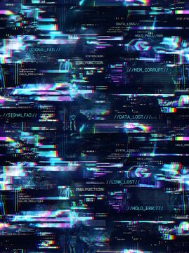 Abstract digital glitch pattern in potrait orientation with data error text and neon distortion for UI/UX backgrounds, cyber security presentations, and tech marketing materials.