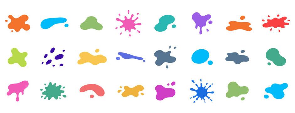 Color splash vector set. Abstract liquid splat, stain and blob shapes. Paint, ink, water and syrup splatter elements for graphic design isolated on white background.