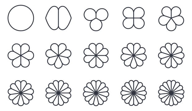 Flower petal vector set. Geometric outline floral icons with 1 to 15 petals. Editable stroke round shapes for charts, diagrams, infographics, sacred geometry, decorative patterns and logo design