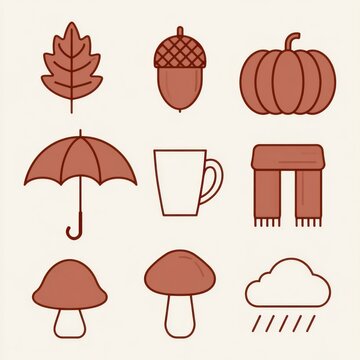 Autumn theme minimal line icons set with leaf, pumpkin and acorn. Fall season symbols