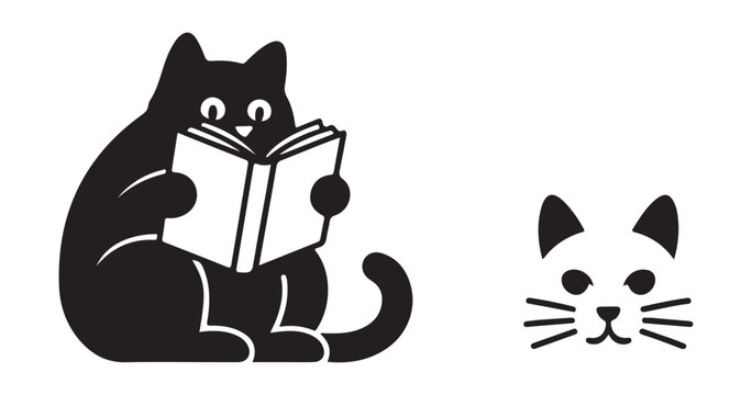 Cute black cat reading a book and small cat head icon on transparent background, vector art.