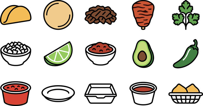 Mexican food vector icon set for restaurant menu branding design featuring taco ingredients burrito lime avocado cilantro salsa jalapeno pepper and traditional street food takeaway packaging elements.