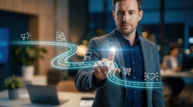 Business professional analyzing consumer behavior and key stages of a customer journey map.