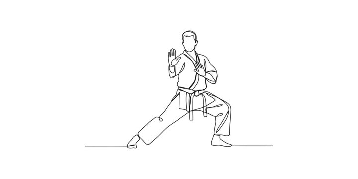 Continuous single line drawing of a person doing martial arts karate or taekwondo pose