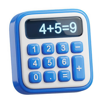 Cartoon calculator displaying four plus five equals nine isolated on transparent background