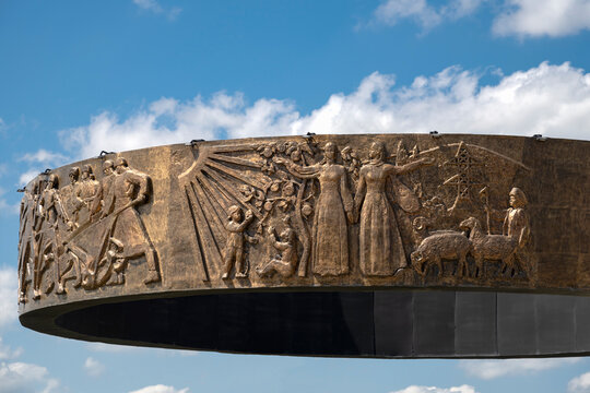 CHERKESSK, RUSSIA - JULY 09, 2026: A fragment of the bas‑relief on the monument &ldquo;Friendship of the Peoples of Karachay‑Cherkessia&rdquo;. Cherkessk
