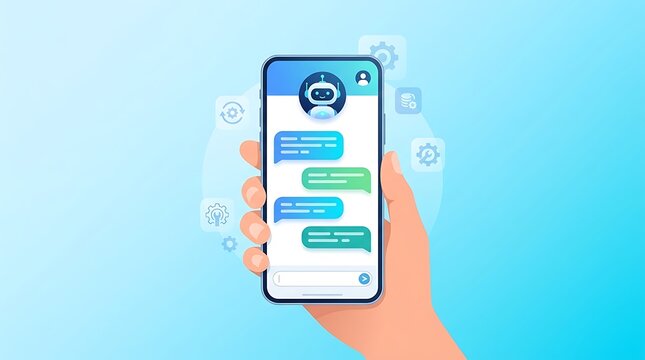 AI chatbot interface on smartphone screen, hand holding mobile phone with chat bot assistant, digital customer support app