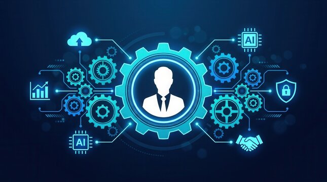 Business engine concept showing data flow through gears with AI, cloud, and analytics integration.