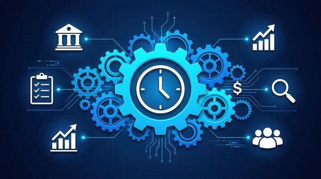 Business management system with a central clock gear connected to finance, analytics, and teamwork symbols.