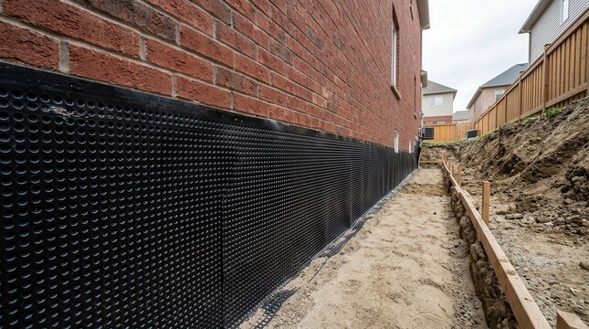 Construction site for exterior basement waterproofing featuring a newly applied waterproof membrane.