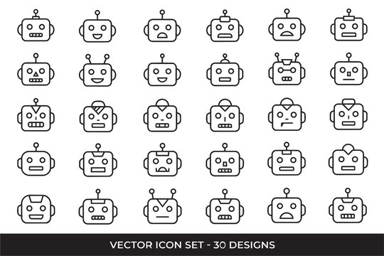 vector icon set robot faces in a black outline line art style on a white background. Each icon has a different face and antenna design, expressing a variety of emotions and personalities. (30 icons)