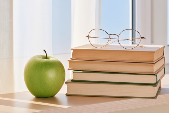 Still life with stack of hardcover books, eyeglasses and green apple on windowsill