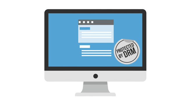 Digital Rights Management DRM Protection Concept with Computer Monitor and Security Seal Icon - Flat Vector Illustration for Content Copyright and Piracy Prevention