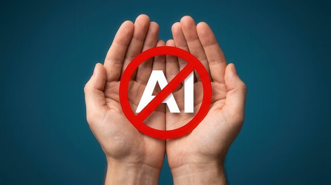 A conceptual image of hands presenting a no AI symbol in protest of artificial intelligence.