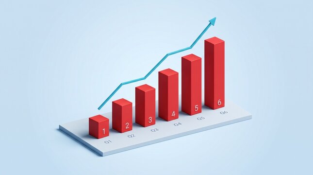 Isometric business growth chart with red bar graph, blue rising arrow on light background, financial success and data analysis concept