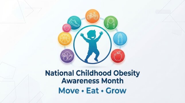 National childhood obesity awareness month colorful vector illustration with kid and fruits