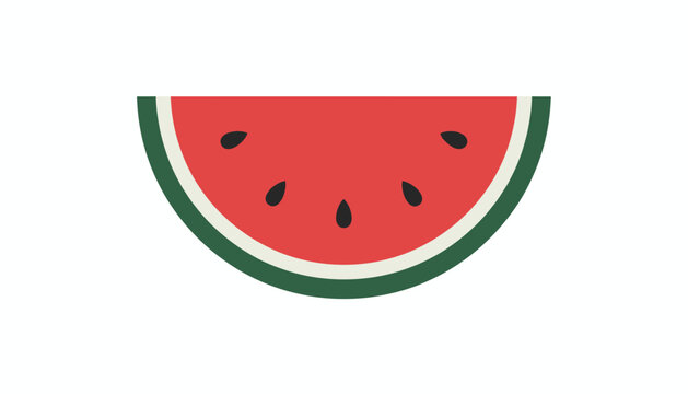 Simple cartoon flat vector illustration of a juicy red watermelon slice with black seeds over white background.