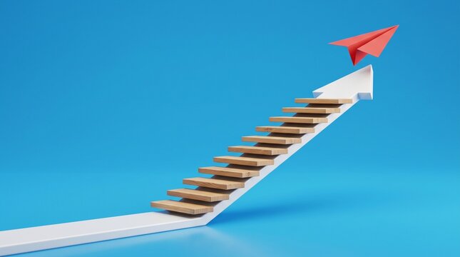Business growth arrow with wooden stairs and red paper plane. Success concept with rising arrow and paper airplane. Career path development.