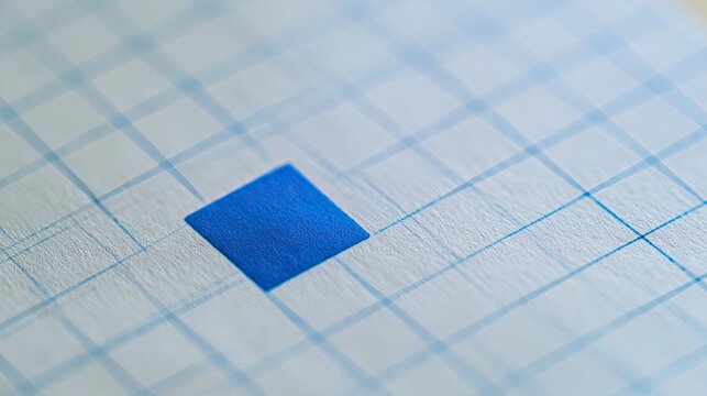 A vivid blue square rests on a textured, subtly gridded white surface