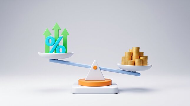 Financial interest rate balance on seesaw scale, rising percentage arrows and gold coin stacks, banking and investment growth concept