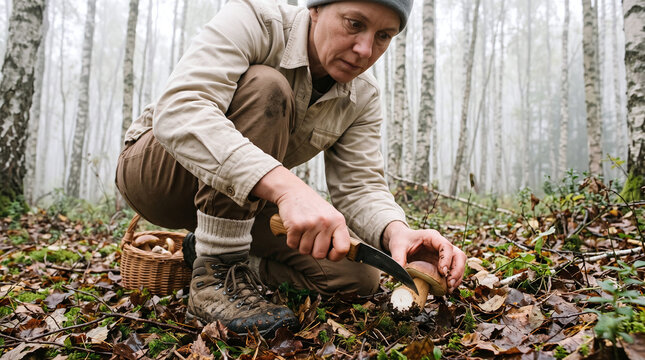 Mushroom forager crouching in misty birch wood with trousers tucked