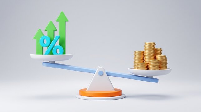 Financial balance scale with gold coins and rising percentage arrows. Interest rate growth concept. Investment profit and inflation metaphor.
