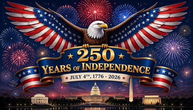 American bald eagle with fireworks display on 250th anniversary of united states independence day in washington
