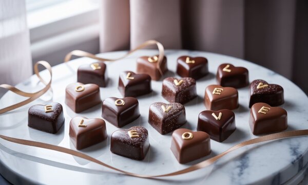 Heart-shaped chocolates arranged on a marble plate, adorned with gold lettering spelling "LOVE" repeatedly