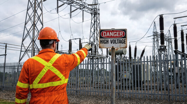 back view of electrician in safety suit pointing to danger high voltage sign at power substation industrial electricity grid worker high risk energy facility professional utility maintenance safety pr
