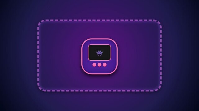 Neon purple retro arcade game console icon on a dark minimalist background with dashed border