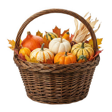 Autumn harvest basket overflowing with pumpkins gourds and fall leaves isolated on transparent background