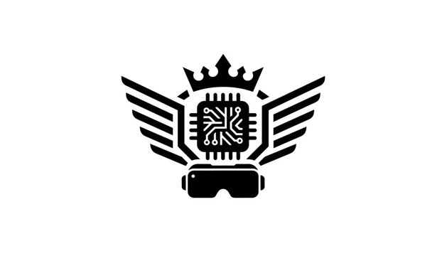 High tech virtual reality gaming logo featuring a crown, winged computer chip, and a VR headset silhouette.