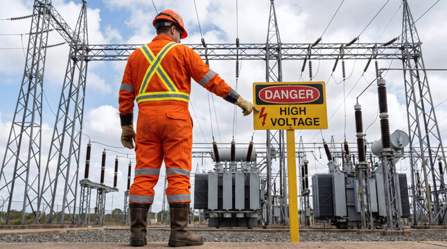 electrician in safety gear pointing at danger high voltage sign before high voltage power substation industrial electrical grid safety warning energy infrastructure professional worker in protective s