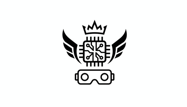 Futuristic logo design featuring virtual reality goggles, winged microprocessor, and a minimalist crown.