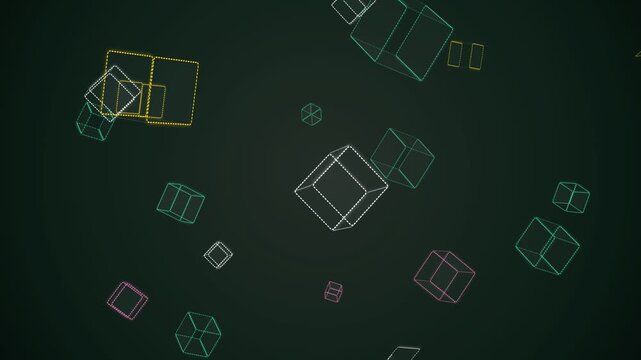 Abstract 3D wireframe cubes floating on dark background