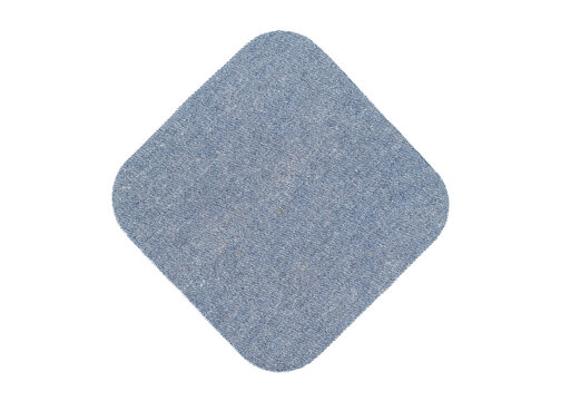 Blue square denim patch with rounded corners isolated on white.