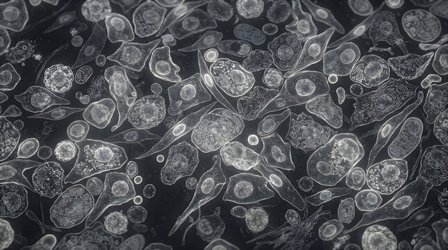 Microscopic cells with glowing nuclei are visible against a dark background
