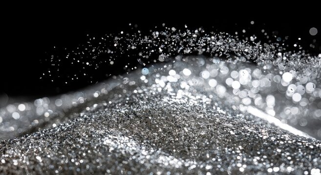 Tiny shimmering particles cascade in a silver dust cloud against black