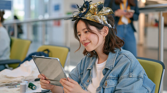 Millinery student in a hospital corridor trying on a structured fascinator prototype during a break, solitary moment of quiet pride in front of a small mirror propped on a waiting room chair, patter