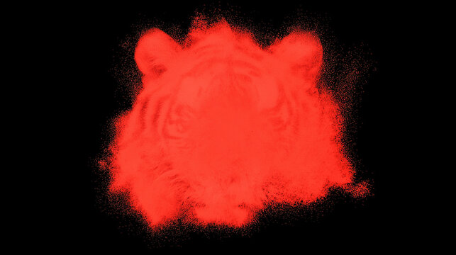 Red Tiger Face Silhouette Made of Powder on Black Background