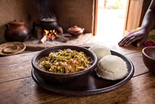 Traditional Zimbabwean meal of Muriwo Unedovi braised green cabbage with peanut butter and sadza porridge