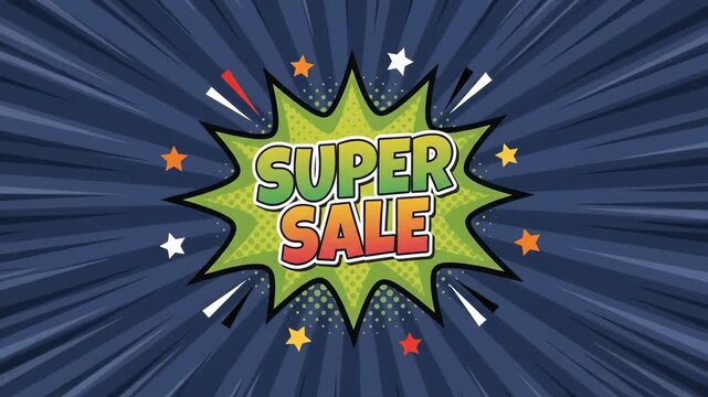 Super Sale comic book style pop art explosion with stars and rays on a dark blue background.