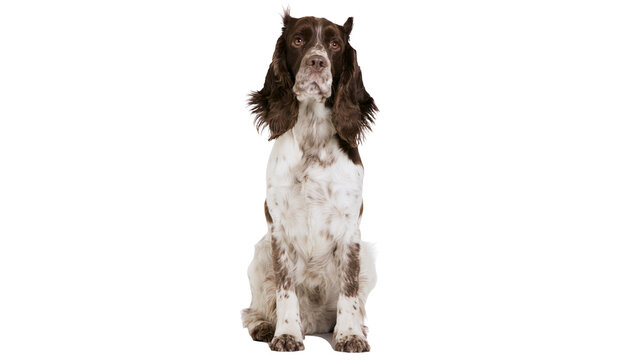 English Springer Spaniel dog sitting, brown and white coat