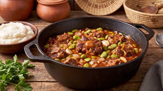 Traditional Zimbabwean spicy oxtail stew mazondo with broad beans cooked in a cast iron pot
