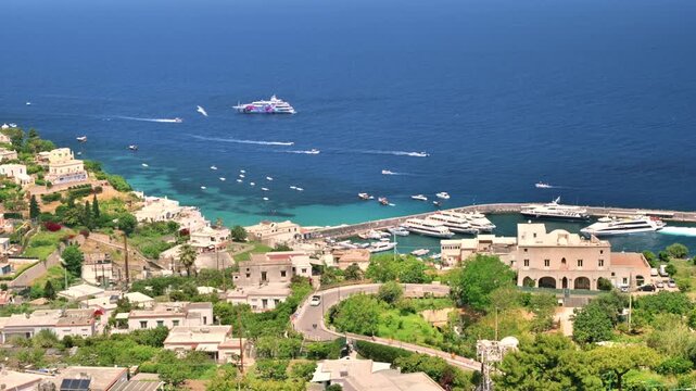 Panoramic view of Lipari port with ferry boats and Mediterranean sea in Aeolian Islands Sicily.